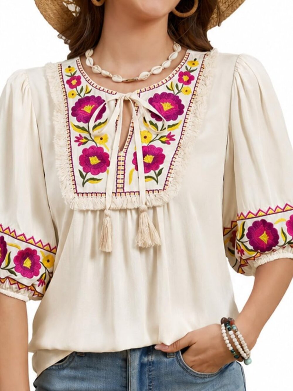Women's Mexican Boho Tops Floral Embroidered Puff Short Sleeve Blouse